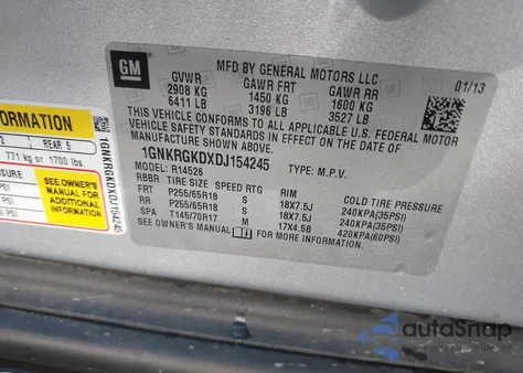 2013 Chevrolet Traverse 1Lt из США, поврежденный, VIN 1GNKRGKDXDJ154245